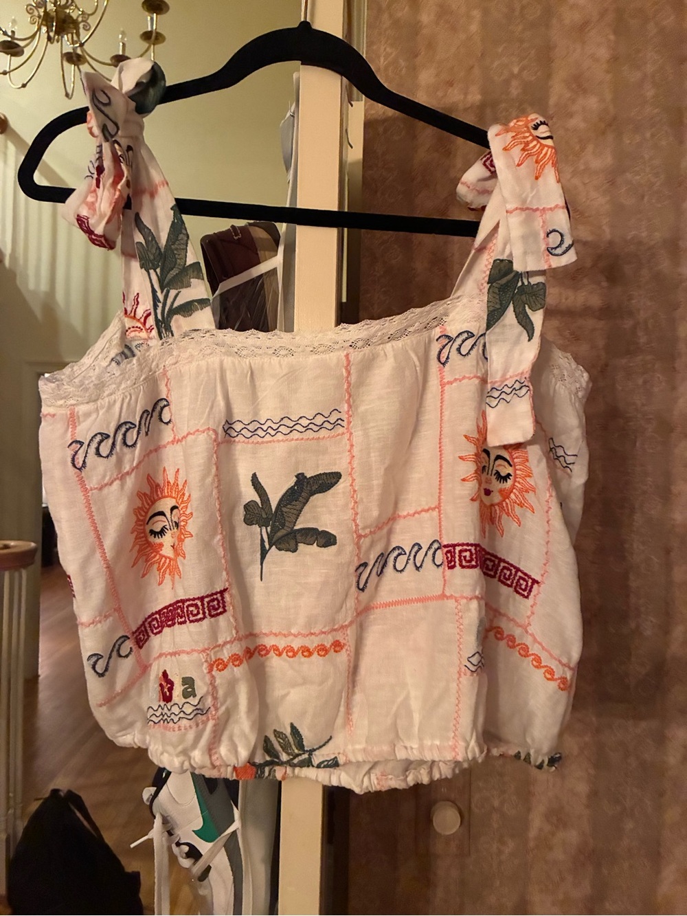 Pilcro patchwork Embroidered Sun Tie-Shoulder Crop Top - Picture 2 of 3